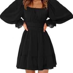 EXLURA Tie Back Long Lantern Sleeve Square Neck Dress Black Medium NWT
